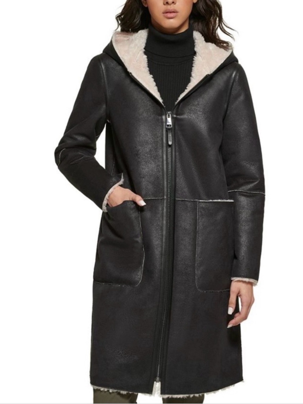 DKNY SZ SMALL ONLY WORN ONCE Women’s Black Faux Shearling Hooded Coat paid $400